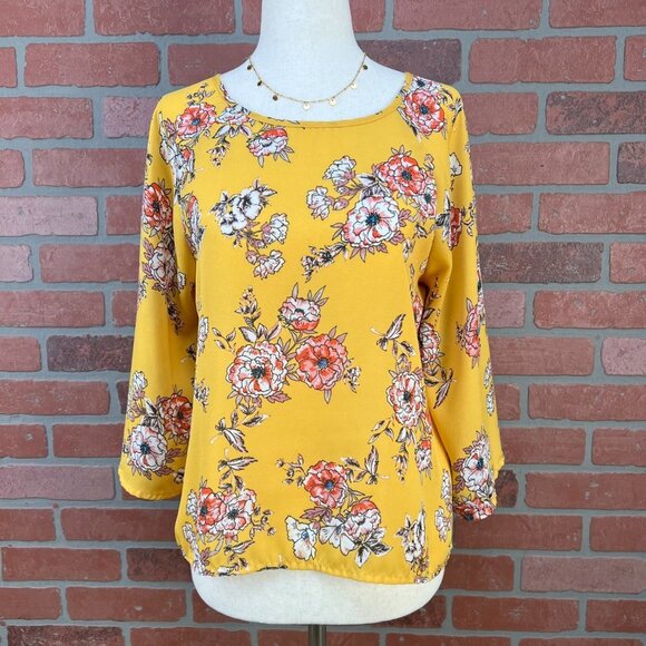 Yellow Floral Bell Sleeve Blouse - Small Petite - Picture 3 of 13